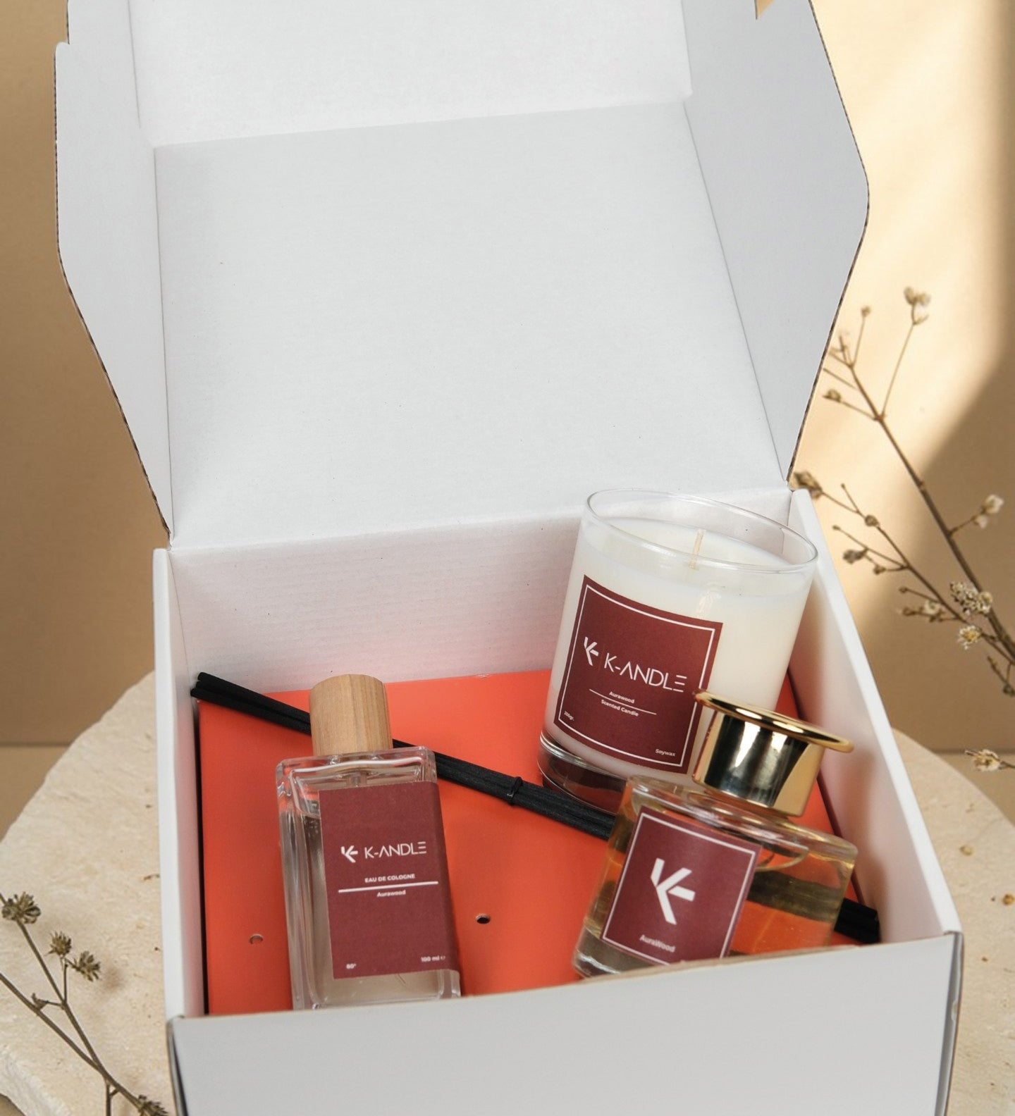 Aurawood Hediye Seti | Odunsu Sandal Aromalı | Premium Hediye Kutusu | K-ANDLE
