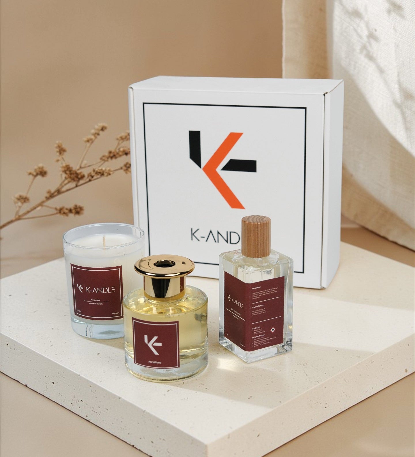 Aurawood Hediye Seti | Kokulu Mum, Oda Kokusu ve Kolonya | El Yapımı Hediye Seti | K-ANDLE
