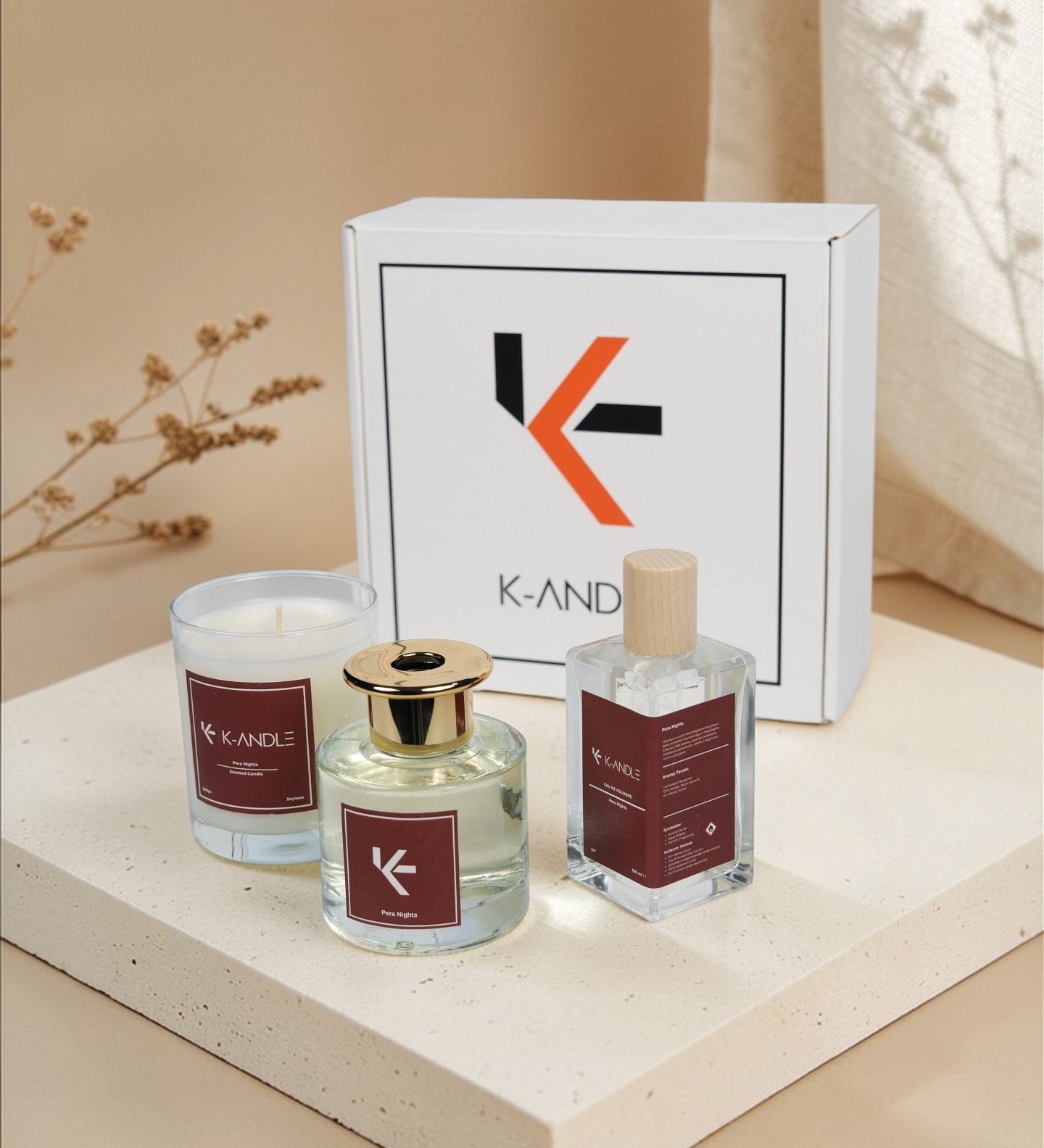 Pera Nights Hediye Seti | Kokulu Mum, Oda Kokusu ve Kolonya | El Yapımı Hediye Seti | K-ANDLE