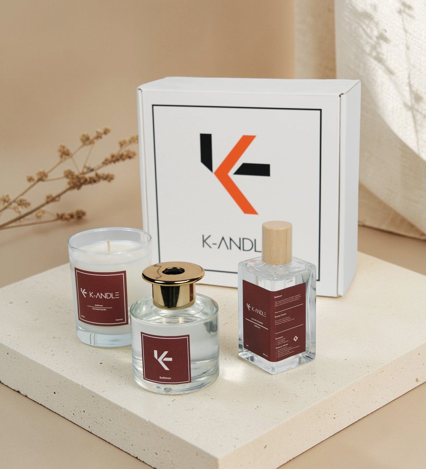 Softlinen Hediye Seti | Kokulu Mum, Oda Kokusu ve Kolonya | El Yapımı Hediye Seti | K-ANDLE