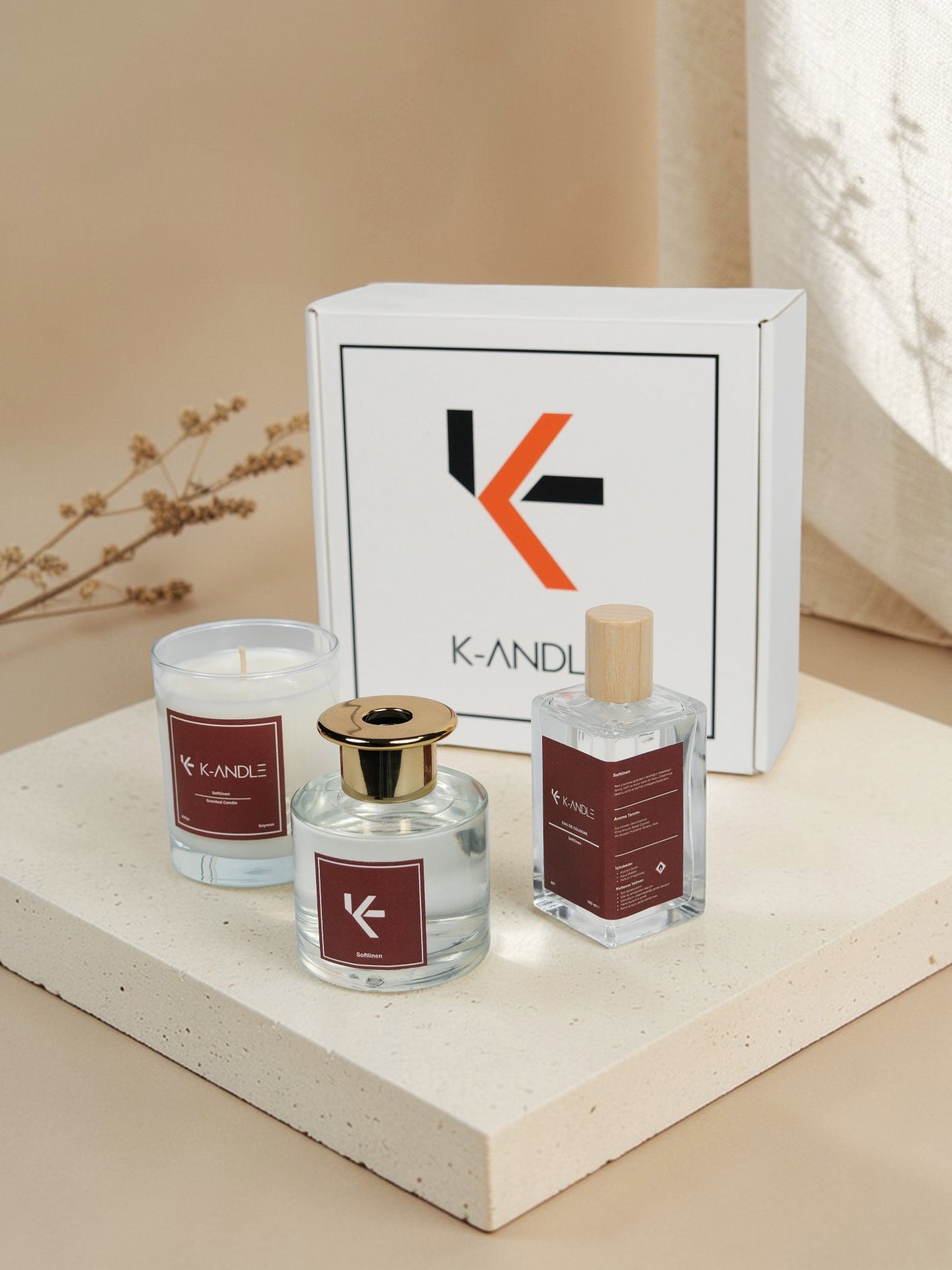 Softlinen Hediye Seti | Kokulu Mum, Oda Kokusu ve Kolonya | El Yapımı Hediye Seti | K-ANDLE
